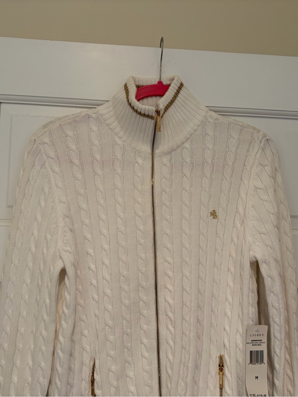 NWT Lauren Ralph Lauren White Cable-Knit Zip Cardigan with Gold Hardware - Picture 3 of 10
